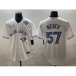 Men Toronto Blue Jays 57 Shane Bieber White 2025 World Series Home Cool Base Stitched Baseball Jersey