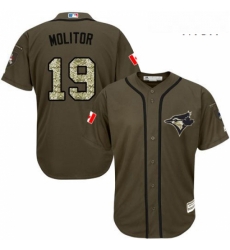 Mens Majestic Toronto Blue Jays 19 Paul Molitor Replica Green Salute to Service MLB Jersey