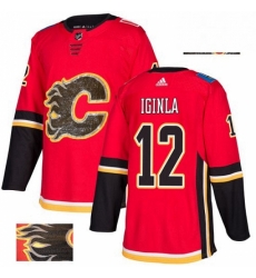 Mens Adidas Calgary Flames 12 Jarome Iginla Authentic Red Fashion Gold NHL Jersey 