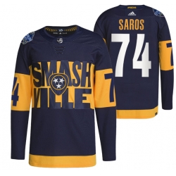 Men Nashville Predators 74 Juuse Saros 2022 Navy Stadium Series Breakaway Player Stitched Jersey