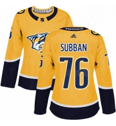 Womens Adidas Nashville Predators 76 PK Subban Authentic Gold Home NHL Jersey 