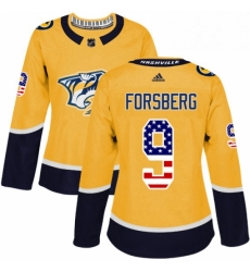 Womens Adidas Nashville Predators 9 Filip Forsberg Authentic Gold USA Flag Fashion NHL Jersey 