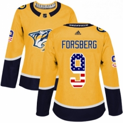 Womens Adidas Nashville Predators 9 Filip Forsberg Authentic Gold USA Flag Fashion NHL Jersey 