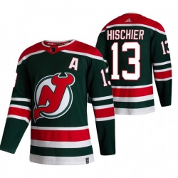 Men New Jersey Devils 13 Nico Hischier Green Adidas 2020 21 Reverse Retro Alternate NHL Jersey