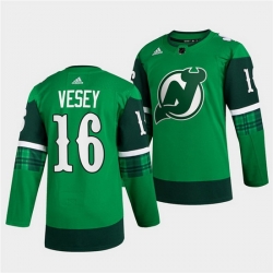 Men New jerseyy Devils 16 Jimmy Vesey Green Warm Up St Patricks Day Stitched jersey