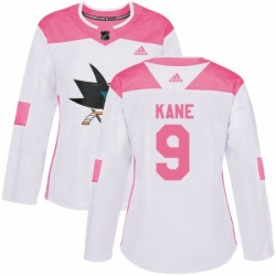 Womens Adidas San Jose Sharks 9 Evander Kane Authentic White Pink Fashion NHL Jersey 