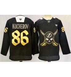 Men Tampa Bay Lightning 86 Nikita Kucherov 2024 25 Black Gasparilla Inspired Pirate Themed Warmup Stitched Jersey