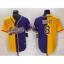 Men Los Angeles Lakers 8 Kobe Bryant Gold Purple Split Stitched Baseball Jersey 4