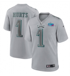 Men Women Youth Toddler Philadelphia Eagles 1 Jalen Hurts Grey Super Bowl LVII Patch Atmosphere Fashion Stitched Game Jersey