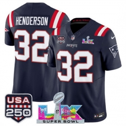 Men New England Patriots 32 TreVeyon Henderson Navy 2025 F U S E  Super Bowl LX Patch And USA 250 27 Patch Vapor Limited Football Stitched Jersey