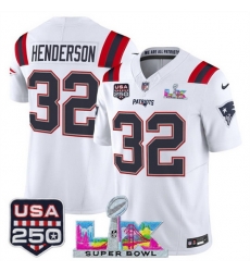 Men New England Patriots 32 TreVeyon Henderson White 2025 F U S E Super Bowl LX Patch And USA 250 27 Patch Vapor Limited Football Stitched Jersey Men New England Patriots 32 TreVeyon Henderson White 2025 F U S E Super Bowl LX Patch And USA 250 27 Patch Vapor Limited Football Stitched Jersey