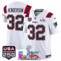 Men New England Patriots 32 TreVeyon Henderson White 2025 F U S E  Super Bowl LX Patch And USA 250 27 Patch Vapor Limited Football Stitched Jersey