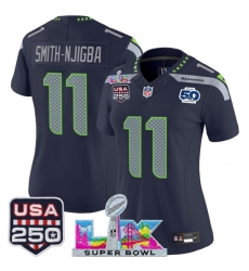 Women Seattle Seahawks 11 Jaxon Smith Njigba Navy 2025 F U S E  Super Bowl LX Patch And 50th Season  26 USA 250 27 Patch Vapor Limited Football Stitched Je