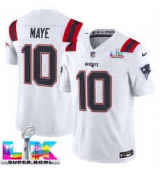 Youth New England Patriots 10 Drake Maye White 2025 F U S E  Super Bowl LX Patch Vapor Limited Stitched Football Jersey