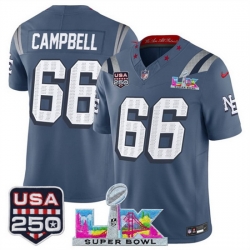 Youth New England Patriots 66 Will Campbell Storm Blue 2025 F U S E  Super Bowl LX  USA 250 Patch  Rivalries Vapor Limited Stitched Football Jersey