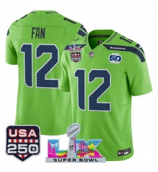 Men Seattle Seahawks 12 Fan Green 2025 F U S E Super Bowl LX Patch And 50th Season USA 250 Patch Vapor Limited Football Stitched Jersey Men Seattle Seahawks 12 Fan Green 2025 F U S E Super Bowl LX Patch And 50th Season USA 250 Patch Vapor Limited Football Stitched Jersey