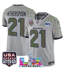Men Seattle Seahawks 21 Devon Witherspoon Gray 2025 F U S E Super Bowl LX US 250th anniversary Patch And 50th Season Patch Rivalries Vapor Limited Footbal Men Seattle Seahawks 21 Devon Witherspoon Gray 2025 F U S E Super Bowl LX US 250th anniversary Patch And 50th Season Patch Rivalries Vapor Limited Footbal