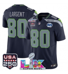 Men Seattle Seahawks 80 Steve Largent Navy 2025 F U S E  Super Bowl LX Patch And 50th Season  USA 250 Patch Vapor Limited Football Stitched Jersey
