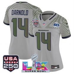 Women Seattle Seahawks 14 Sam Darnold Gray 2025 F U S E Super Bowl LX  US 250th anniversary Patch And 50th Season Patch Rivalries Vapor Limited Football St
