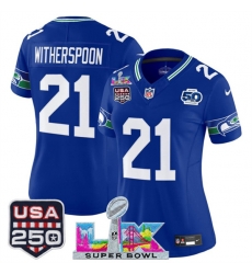 Women Seattle Seahawks 21 Devon Witherspoon Royal 2025 F U S E Super Bowl LX Patch And 50th Season  USA 250 Patch Vapor Throwback Limited Stitched Football