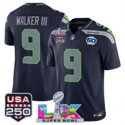 Youth Seattle Seahawks 9 Kenneth Walker III Navy 2025 F U S E  Super Bowl LX Patch And 50th Season  USA 250 Patch Vapor Limited Stitched Football Jersey